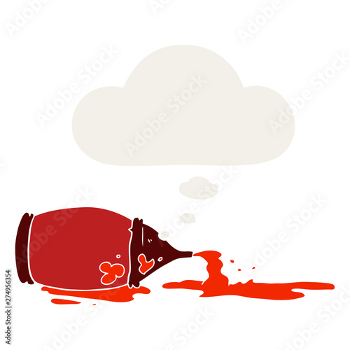 cartoon spilled ketchup bottle and thought bubble in retro style