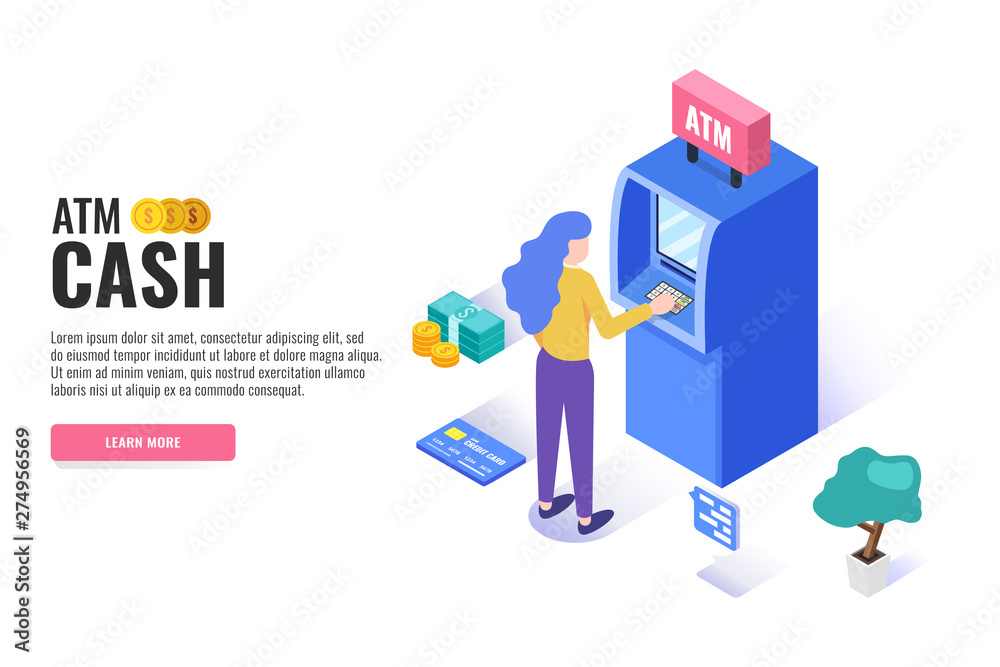Atm services concept. Woman standing near atm machine. Web banner, infographics. Isometric vector illustration. Atm services concept. Woman standing near atm machine. Web banner, infographics. Isometric vector illustration.