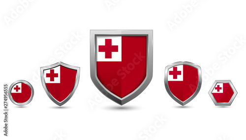 Set of tonga country flag with metal shape shield badge