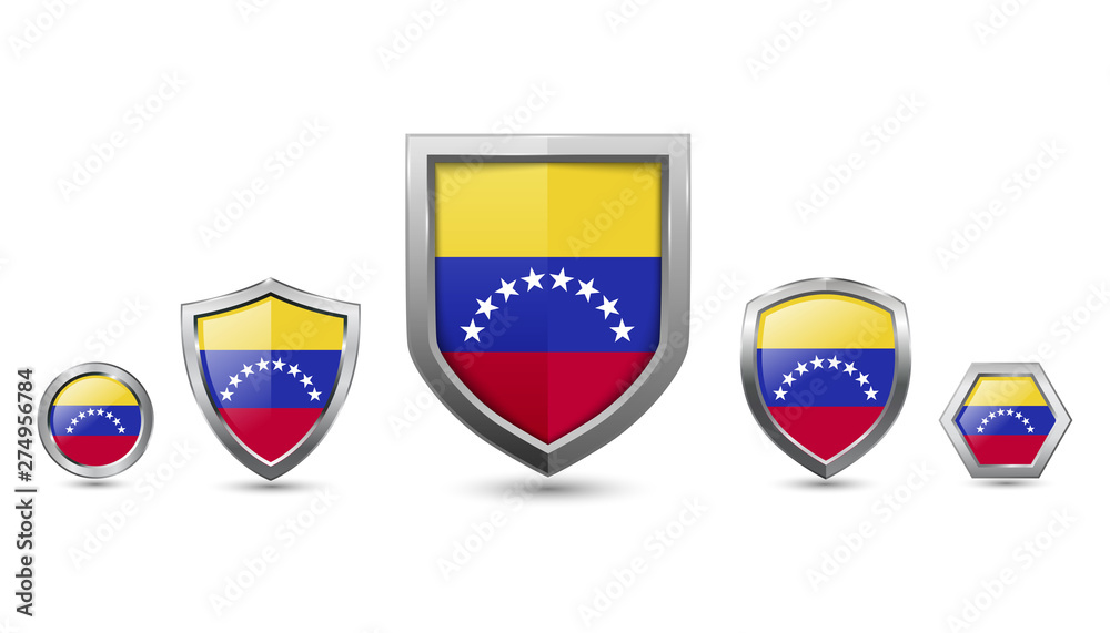 Set of Venezuela country flag with metal shape shield badge Set of Venezuela country flag with metal shape shield badge