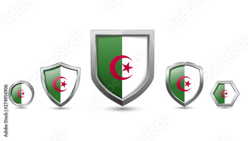 Set of Algeria country flag with metal shape shield