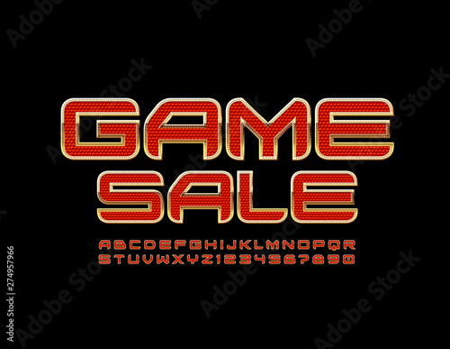 Vector premium banner Game Sale with Uppercase Font. Techno style Alphabet. Red and Gold Letters and Numbers