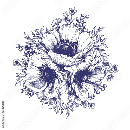 Elegant flower arrangement with anemone. Vector hand drawn floral design element.