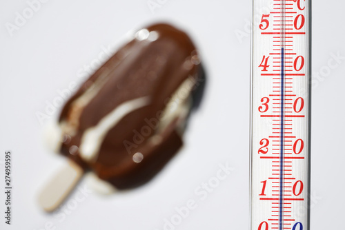 Thermometer during hot weather with melted ice creams in background