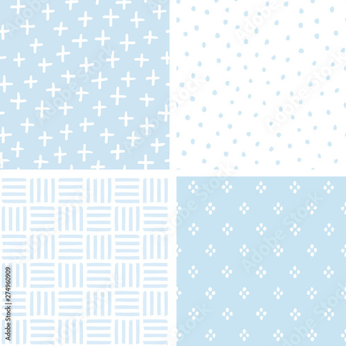 Vector set of 4 cute seamless hand drawn background patterns in pastel blue. For baby boy shower, Birthday, Wedding, scrapbook, greeting cards, textiles, gift wrapping paper, surface textures.