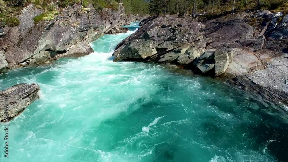 AERIAL: Flying over mountain river. Hordaland, Norway. AERIAL: Flying over mountain river. Hordaland, Norway.