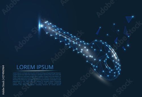 Abstract image of the key in the form of a constellation. Consists of points and lines. Data storage and protection of vector polygonal images in the form of a starry sky or space. Cyber security