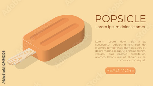 Popsicle template. Contains an orange popsicle with light, shadow and text block. Can be used for web banner, website, advertising. Isometric vector illustration.
