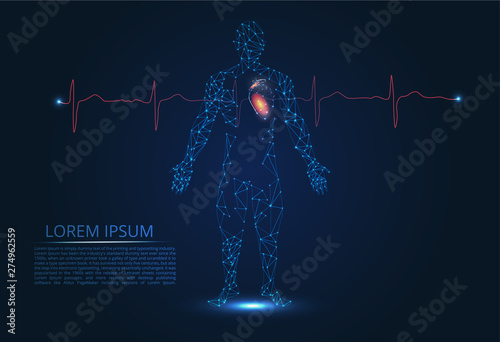 An abstract image of man and heart. Innovative technologies in medicine. Heart beats, pulse, healthy heart.