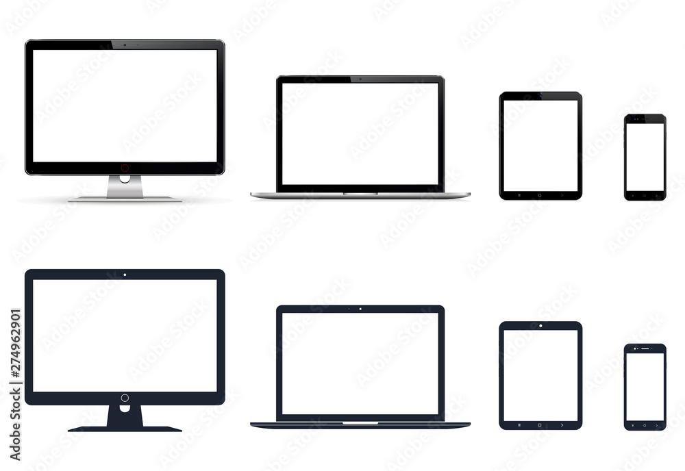 Realistic set of monitor, laptop, tablet, smartphone and their icons Realistic set of monitor, laptop, tablet, smartphone and their icons