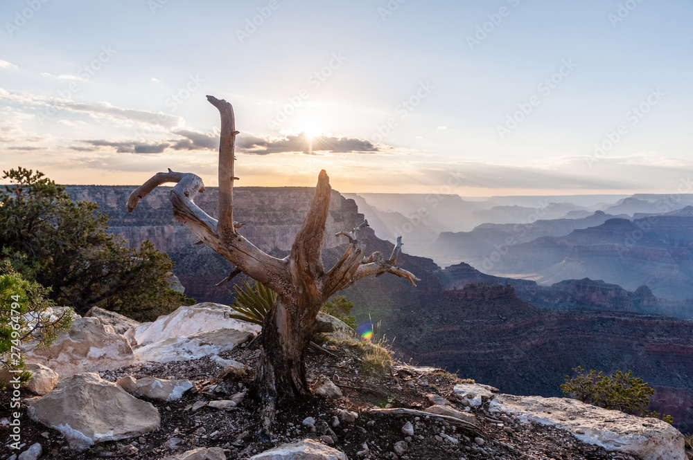 A sunset over the Grand Canyon, as seen from the South Rim Trail, near Yavapai Point.