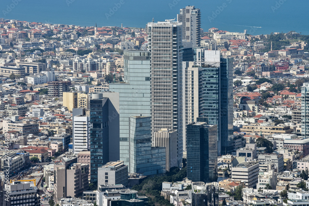 Tel Aviv Cityscape Aerial View. Modern Skyscrapers and Old Buildings in Tel-Aviv, Israel. 