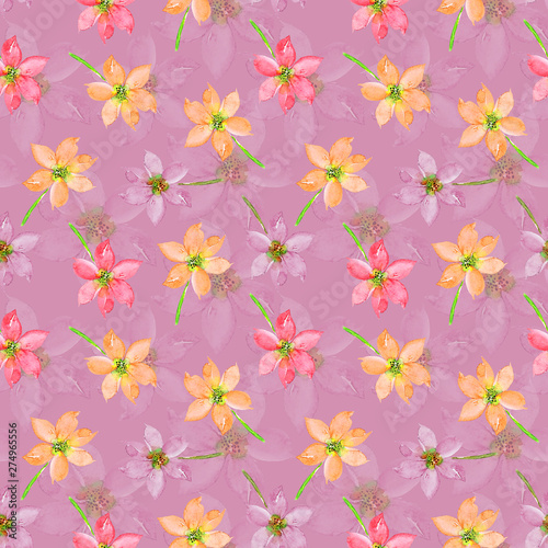 pattern with pink and lilac flowers drawing watercolor on lilac background