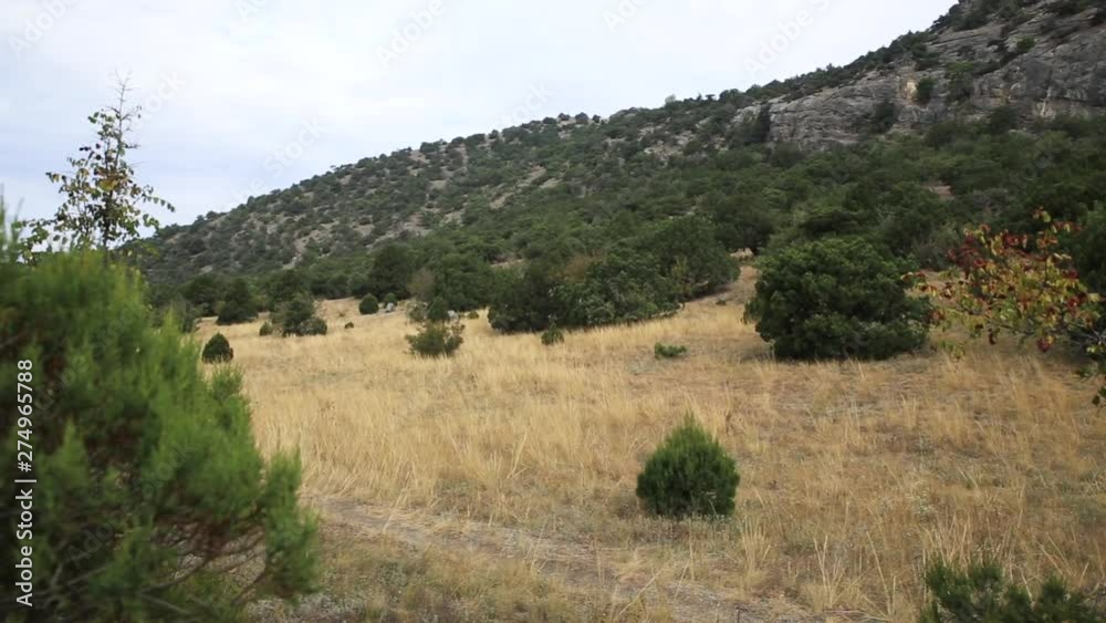 Hiking trail on Caraul-Oba mountain. Path through field of dry grass. Crimea, Novyi Svit. Hiking trail on Caraul-Oba mountain. Path through field of dry grass. Crimea, Novyi Svit.