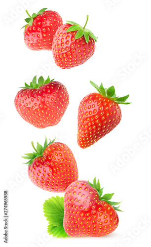 Isolated strawberries. Flying whole strawberry fruits isolated on white background with clipping path