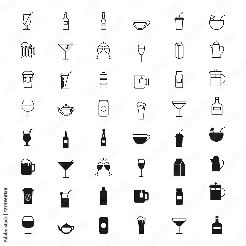 Drinks silhouettes and outline icons set Drinks silhouettes and outline icons set
