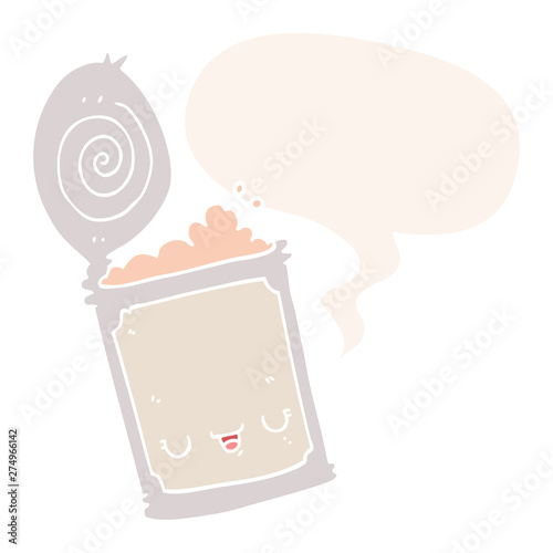 cartoon canned food and speech bubble in retro style