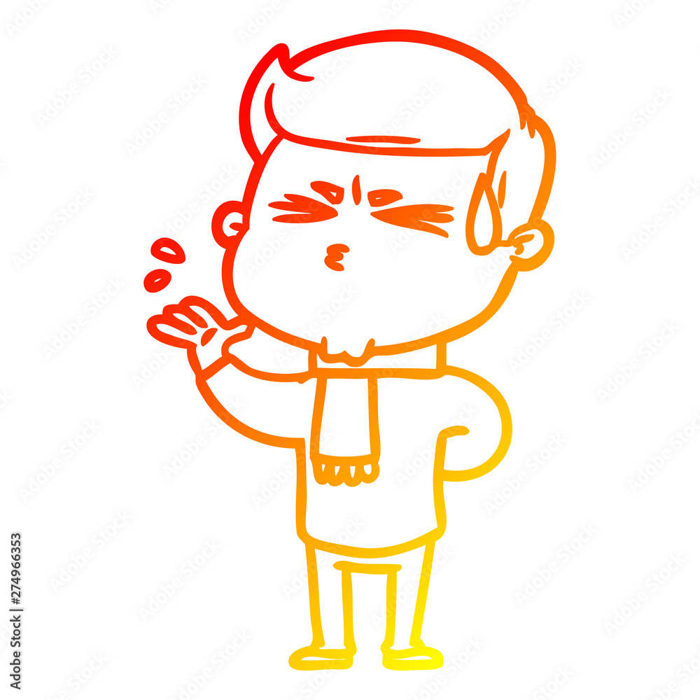 warm gradient line drawing cartoon man sweating