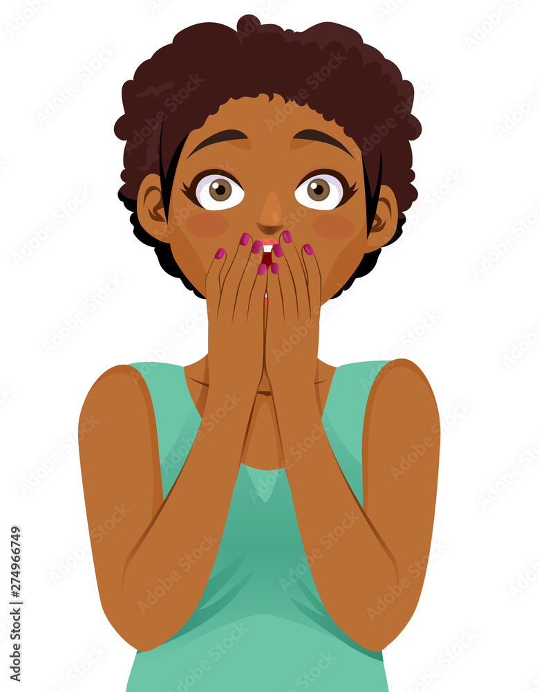 Beautiful black woman surprised covering open mouth with hands Beautiful black woman surprised covering open mouth with hands