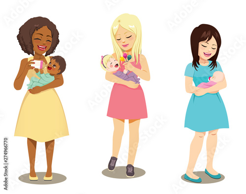 Three beautiful diverse young mothers holding cute little newborn babies