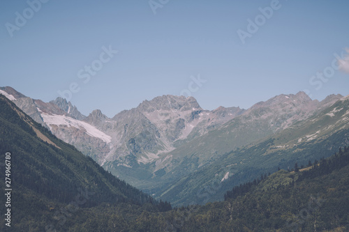 Panorama view of mountains scenes in national park Dombay, Caucasus