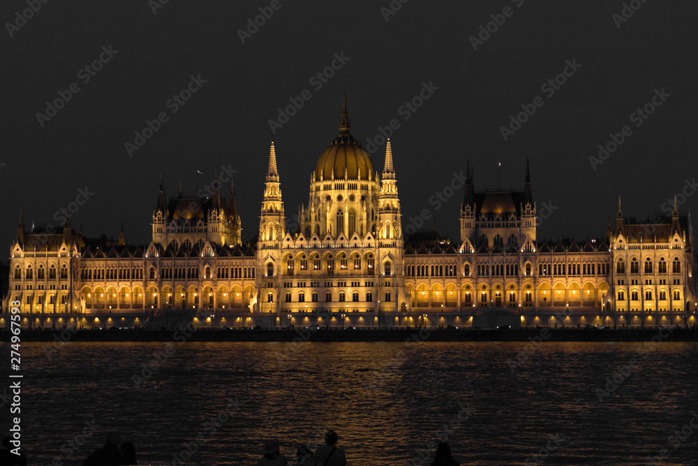 Obraz premium Parliament Building in Budapest. State institution in Hungary. Exterior of a historic building. Coats of arms on the wall. Statue with horses on the roof of the parliament. European architecture.
