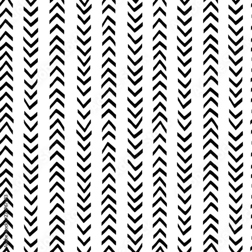 Arrows point up and down hand drawn vector seamless pattern. Checkmarks geometrical simple texture. Monochrome sketch on white background. Abstract background, backdrop textile design