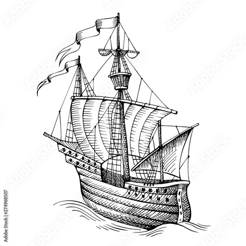 Old caravel, vintage sailboat. Hand drawn sketch. Detail of the old geographical or fanasy maps of sea.