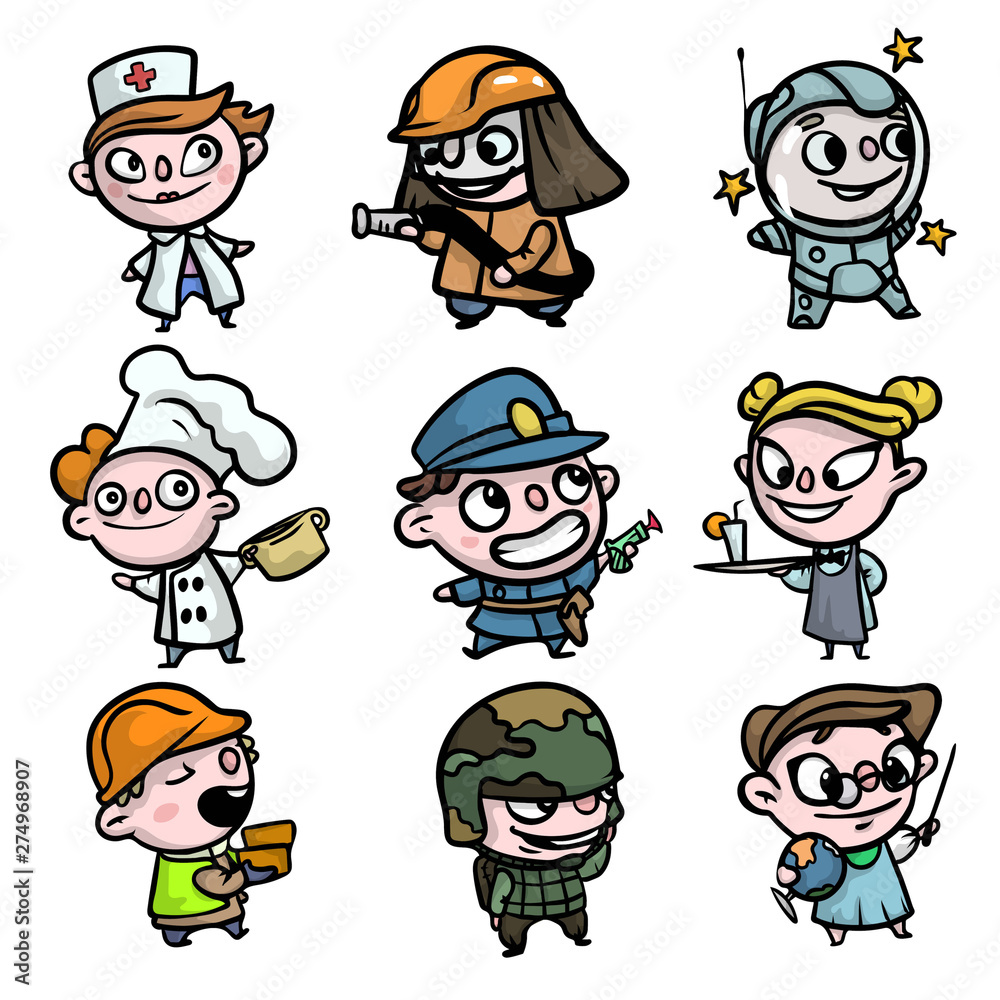 Set of colorful characters of kids, different clothes profession Set of colorful characters of kids, different clothes profession