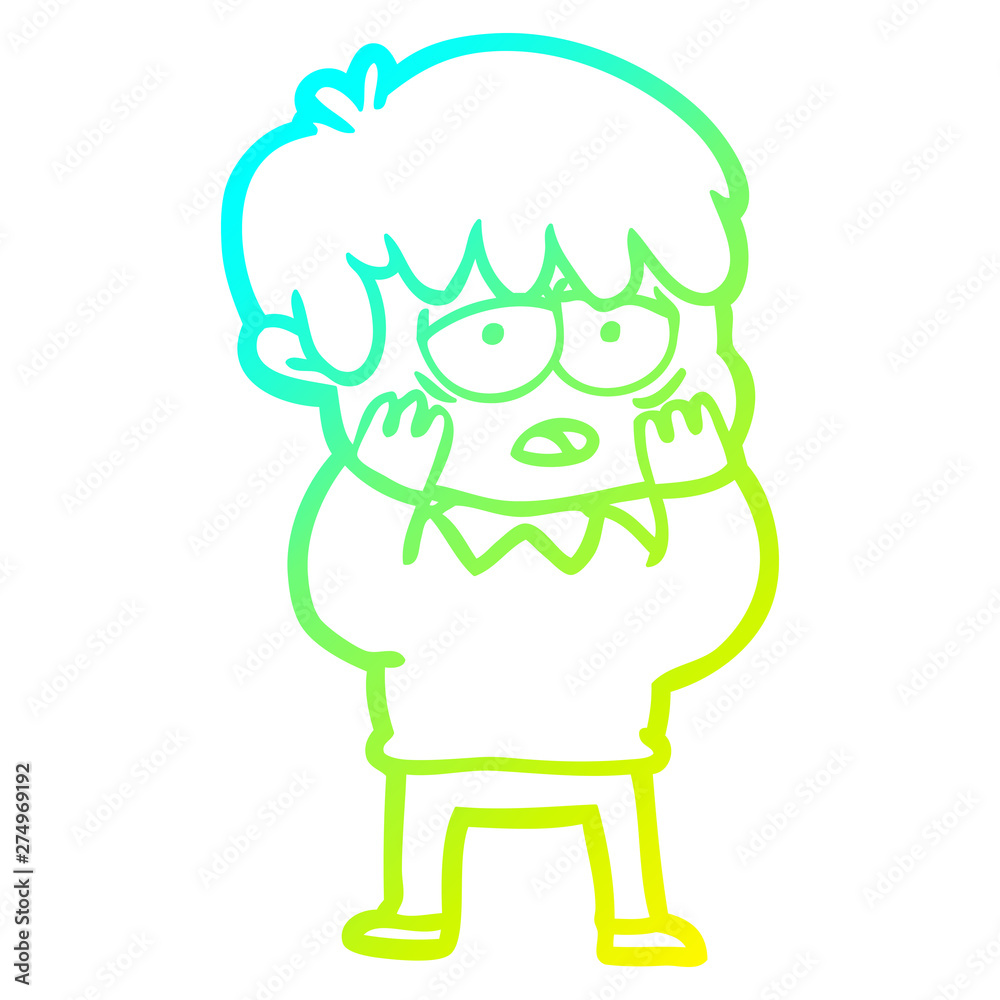 cold gradient line drawing cartoon exhausted boy