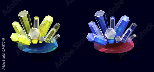 Set of isolated crystals, casual realistic icons for game. Gem stones with transparent outgrowths, rock crystal, isolated graphic elements photo