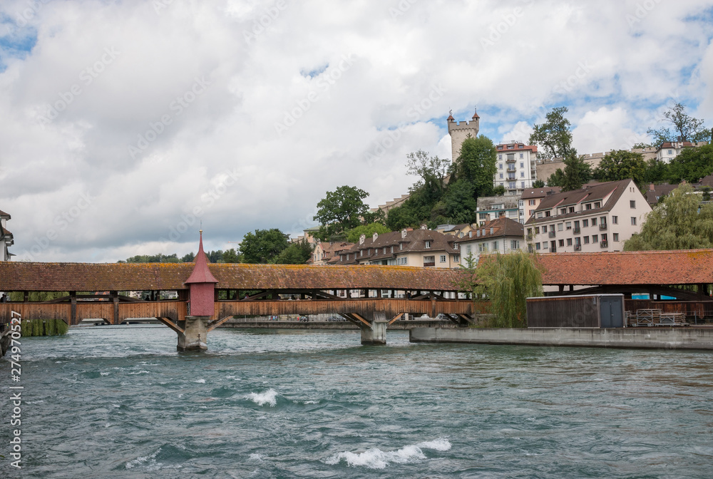 Panoramic view of city center of Lucerne and river Reuss Panoramic view of city center of Lucerne and river Reuss