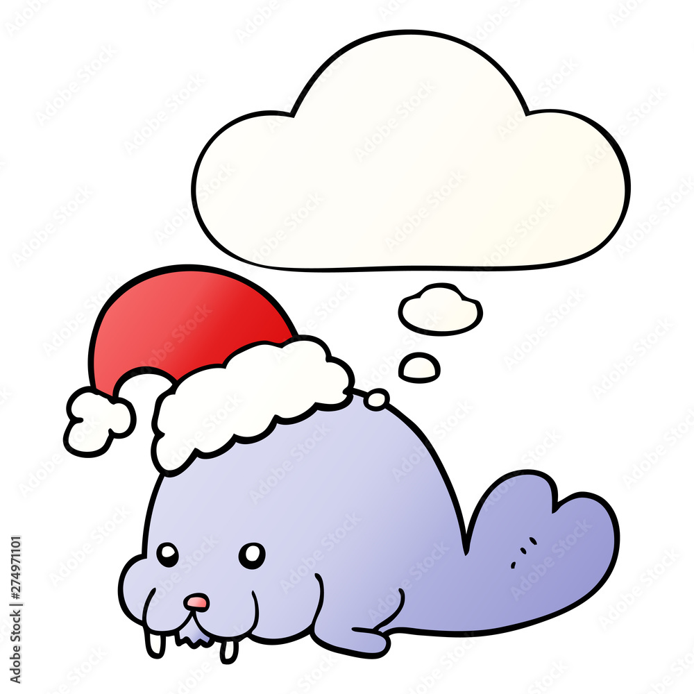 cartoon christmas walrus and thought bubble in smooth gradient style