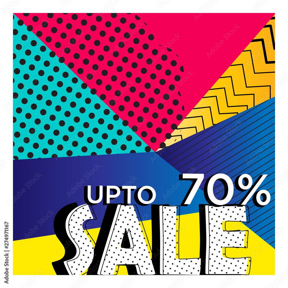Colorful dotted red yellow blue elements with 70% discount. Sale banner template design. Colored 70% discount Big sale special offer. Special offer banner for poster, flyer. Vector illustration. Colorful dotted red yellow blue elements with 70% discount. Sale banner template design. Colored 70% discount Big sale special offer. Special offer banner for poster, flyer. Vector illustration.