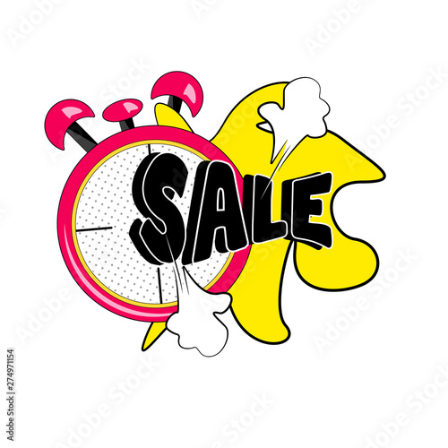 Red clock and yellow bomb effect in a cartoon style. Sale banner template design. Big sale special offer. Special offer banner for poster, flyer, brochure, sticker. Cartoon Vector illustration.