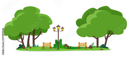 Cozy city park with benches and street lamps. Vector illustration of a flat style.