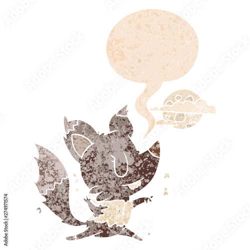 cartoon werewolf changing in moonlight and speech bubble in retro textured style