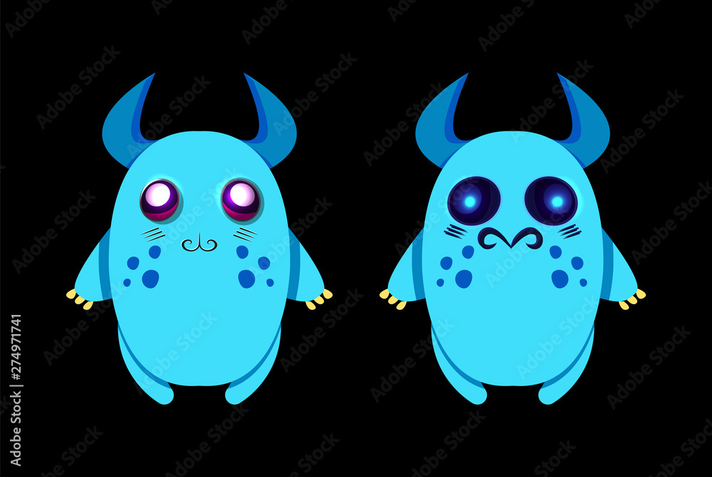 Set of cartoon monsters with different emotions, cute emoji chidish characters, green silhouette for stickers, flat style simple beasts, shine eyes, frightned and glad little monsters