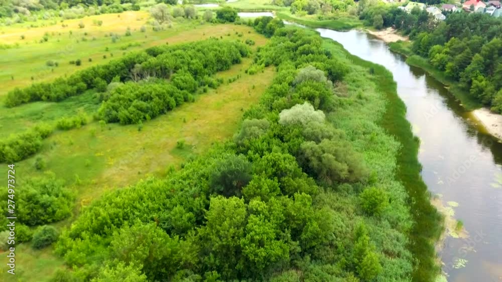 River And Fields From Drone. Little River From Above. Flight Over Beautiful River And Field River And Fields From Drone. Little River From Above. Flight Over Beautiful River And Field