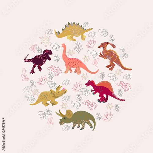Fototapeta Naklejka Na Ścianę i Meble -  Round shape with colourful dinosaurs