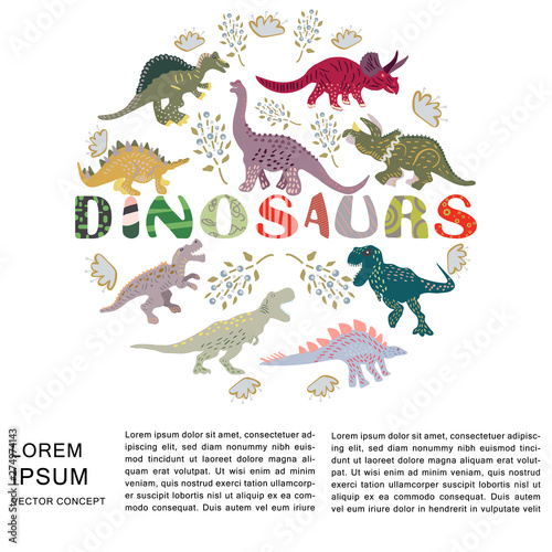 Circle shape with dinosaurs on white background. Hand lettering dinosaurs