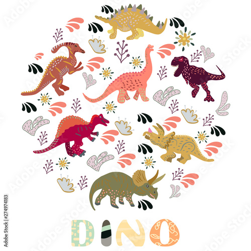 Circle shape with dinosaurs and hand lettering dino
