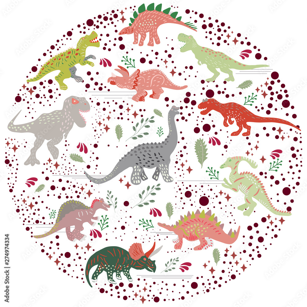 Colourful dinosaurs round flat hand drawn composition on white background Colourful dinosaurs round flat hand drawn composition on white background