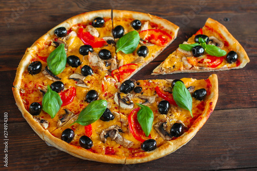 pizza, mushrooms, olives, chicken, tomato sauce, cheese (pizza ingredients, snack). hot pizza. Top view. copy space