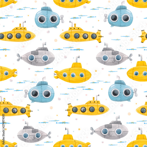 Watercolor underwater submarine vector pattern