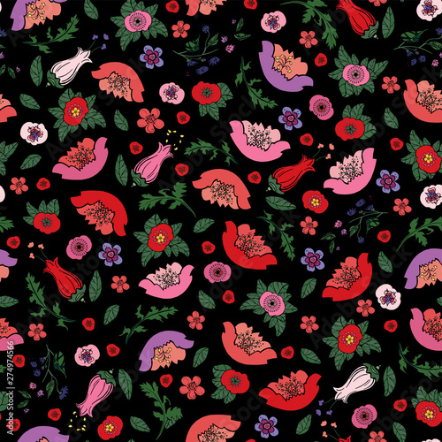 Vector illustration of beautiful seamless texture of poppies and tulips on the black background.