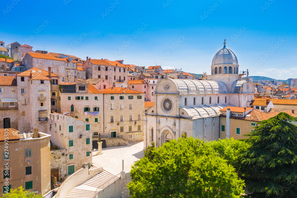 Croatia, city of Sibenik, panoramic view of the old town center and cathedral of St James, most important architectural monument of the Renaissance era in Croatia, UNESCO World Heritage