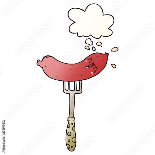 cartoon happy sausage on fork and thought bubble in smooth gradient style