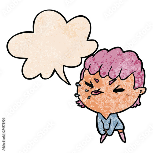 cute cartoon rude girl and speech bubble in retro texture style