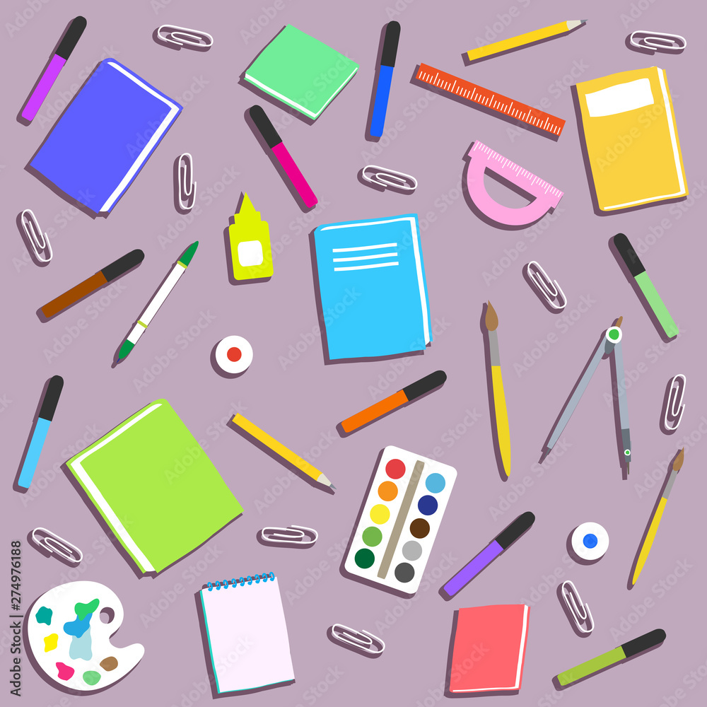 School supplies on the background. Collection. Vector illustration. 